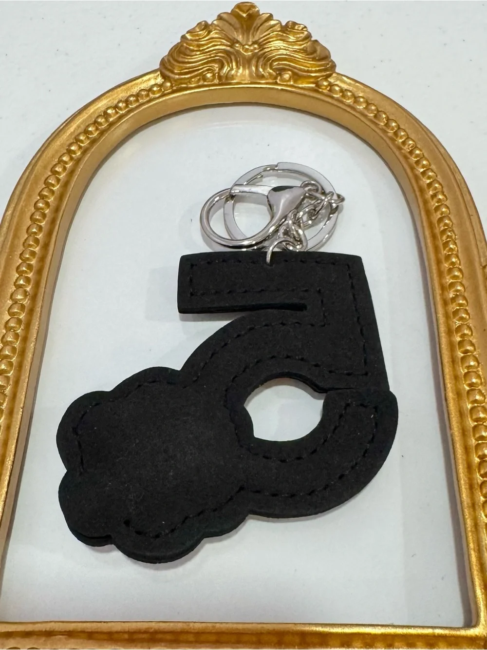 New Rhinestone Number 5 Keychain with Floral Accent - Black